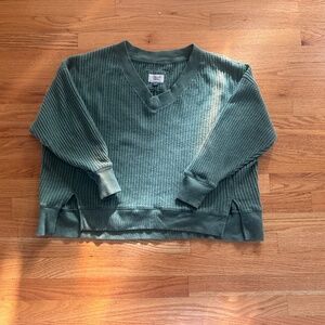 Green aerie off the shoulder/v neck waffle sweater